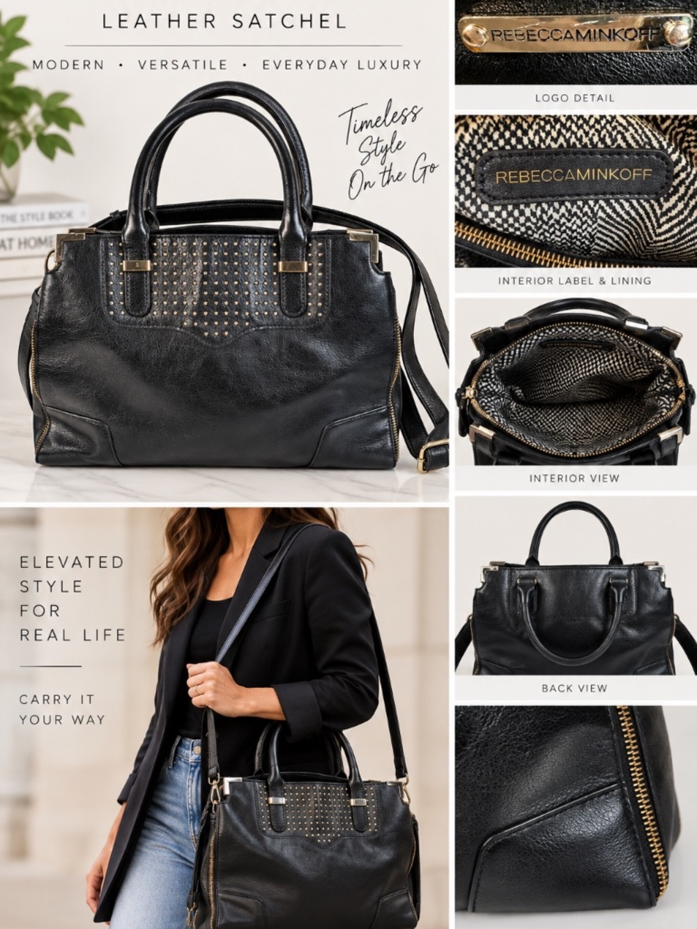 Rebecca Minkoff Black Leather Studded Satchel Tote Shoulder Bag Gold Hardware